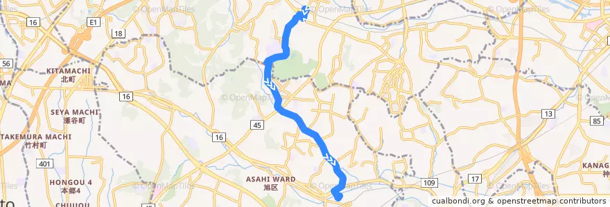Mapa del recorrido 旭15: 中山駅→ 西ひかりが丘 → 鶴ヶ峰駅 de la línea  en Йокогама.