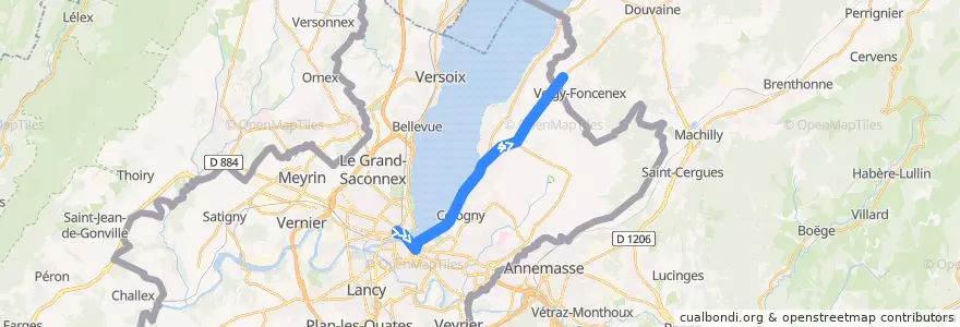 Mapa del recorrido Bus G+: Gare Cornavin → Veigy-Douane de la línea  en ジュネーヴ.