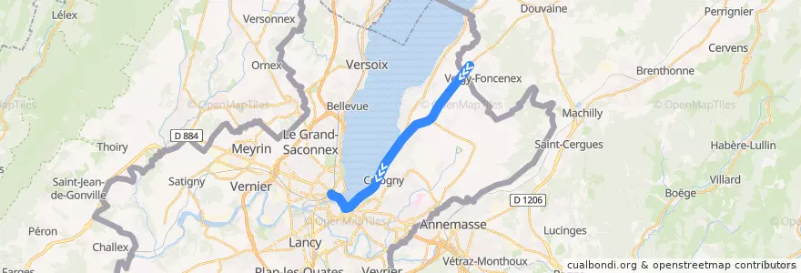 Mapa del recorrido Bus G+: Veigy-Douane → Gare Cornavin de la línea  en Cenevre.