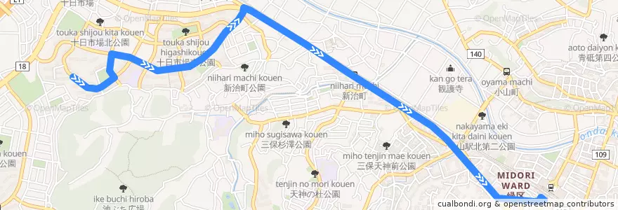Mapa del recorrido 205系統(集会所前→中山駅) de la línea  en 緑区.