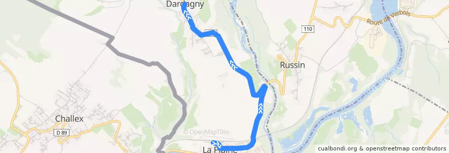 Mapa del recorrido Bus 75: La Plaine-Gare → Dardagny de la línea  en ジュネーヴ.