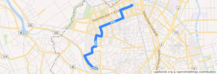 Mapa del recorrido 朝日バスSG22系統 大袋分署前⇒大道⇒せんげん台駅 de la línea  en 越谷市.
