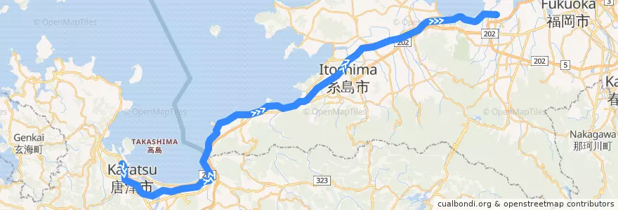 Mapa del recorrido JR筑肥線 de la línea  en Japon.