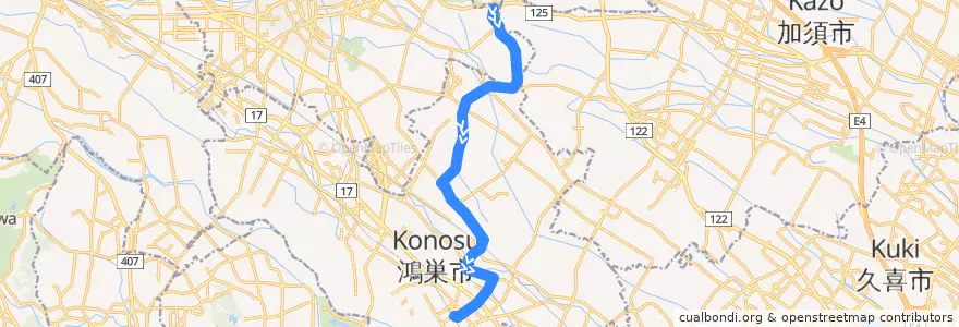 Mapa del recorrido 朝日バスKN22系統 堂裏⇒新落合橋・免許センター⇒鴻巣駅東口 de la línea  en 鴻巣市.