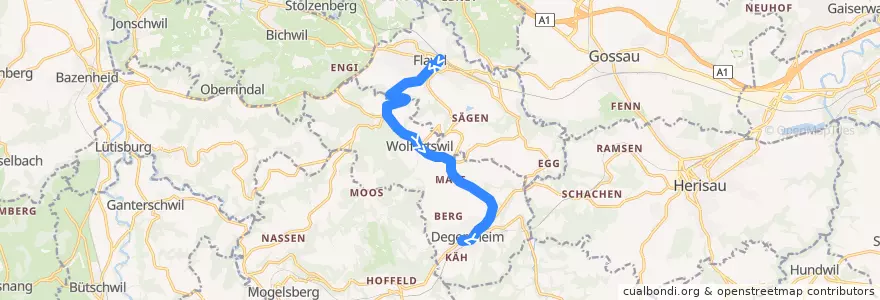 Mapa del recorrido Bus 751: Flawil, Bahnhof => Degersheim, Post de la línea  en Wahlkreis Wil.