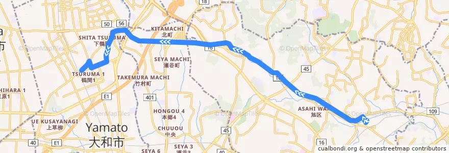Mapa del recorrido 間01: 鶴ヶ峰駅 → 鶴間駅東口 de la línea  en 神奈川県.
