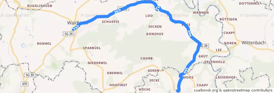 Mapa del recorrido Bus 132: Waldkirch, Dorf => Bernhardzell, Dorf => Engelburg, Dorfplatz de la línea  en Waldkirch.
