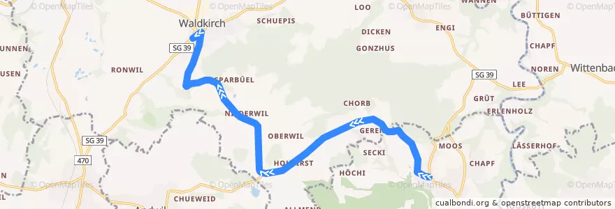 Mapa del recorrido Bus 132: Engelburg, Dorfplatz => Waldkirch, Dorf de la línea  en Waldkirch.