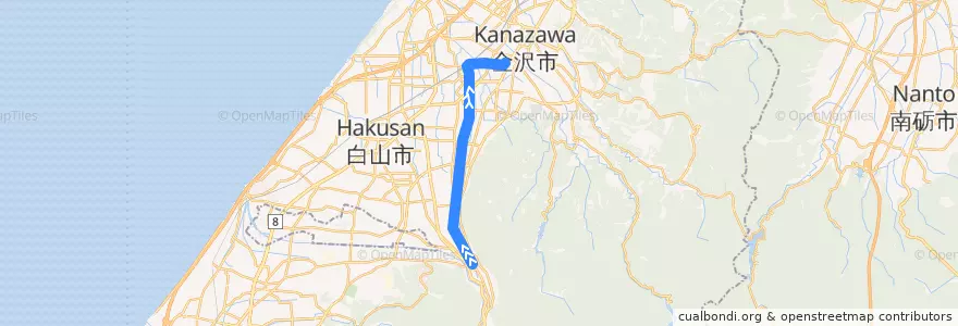 Mapa del recorrido 北陸鉄道石川線 de la línea  en 이시카와현.