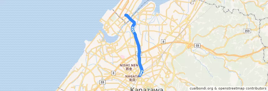 Mapa del recorrido 北陸鉄道浅野川線 de la línea  en 金沢市.