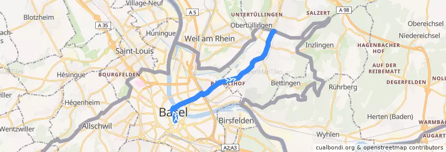 Mapa del recorrido Tram N6: Barfüsserplatz => Riehen Grenze de la línea  en Bâle-Ville.