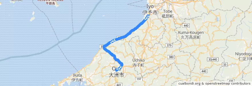 Mapa del recorrido JR予讃線 de la línea  en Préfecture d'Ehime.