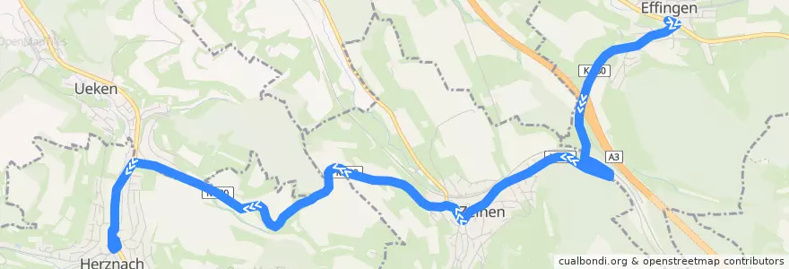 Mapa del recorrido Bus 139: Effingen, Dorf => Herznach, Post de la línea  en Aargau.