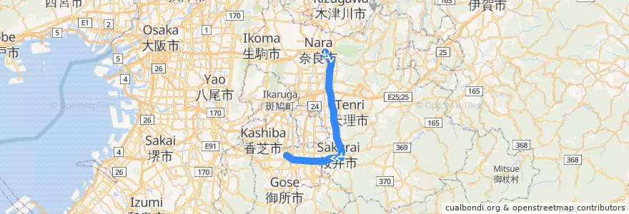 Mapa del recorrido JR桜井線 de la línea  en 奈良県.