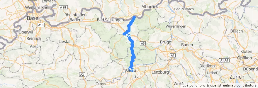 Mapa del recorrido Bus 135: Aarau => Frick => Laufenburg de la línea  en Argovie.