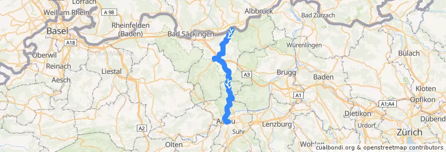 Mapa del recorrido Bus 135: Laufenburg => Frick => Aarau de la línea  en Argovia.