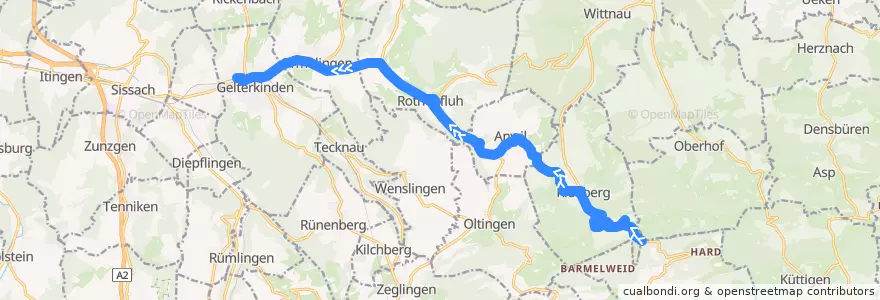 Mapa del recorrido Bus 102: Salhöhe => Gelterkinden, Bahnhof de la línea  en Zwitserland.