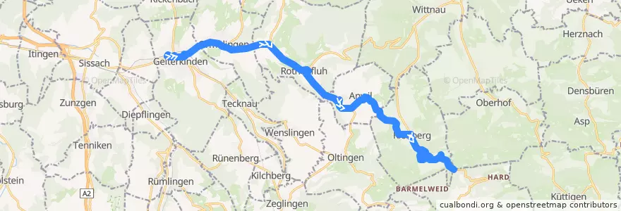 Mapa del recorrido Bus 102: Gelterkinden, Bahnhof => Salhöhe de la línea  en Schweiz/Suisse/Svizzera/Svizra.