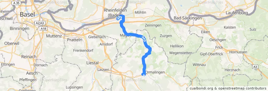 Mapa del recorrido Bus 100: Rheinfelden, Bahnhof => Gelterkinden, Bahnhof de la línea  en 瑞士.