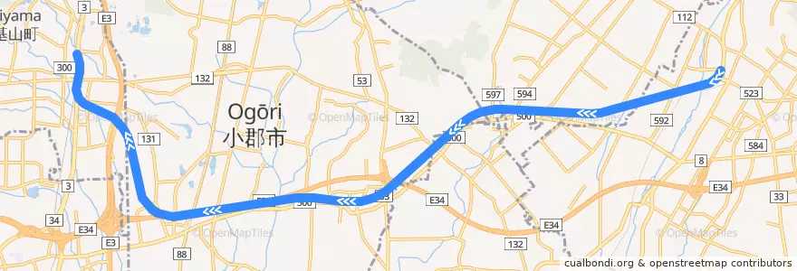 Mapa del recorrido 甘木鉄道甘木線 de la línea  en 후쿠오카현.