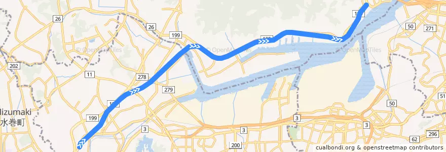 Mapa del recorrido JR若松線 de la línea  en 기타큐슈 시.