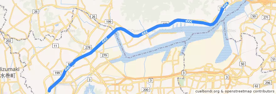 Mapa del recorrido JR若松線 de la línea  en 기타큐슈 시.