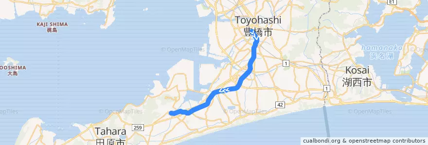 Mapa del recorrido 豊橋鉄道渥美線 de la línea  en 愛知県.