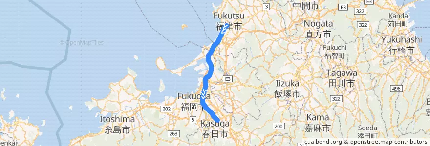 Mapa del recorrido JR鹿児島本線 (福間=>南福岡) de la línea  en Préfecture de Fukuoka.