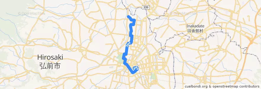 Mapa del recorrido 岩賀線 de la línea  en 弘前市.