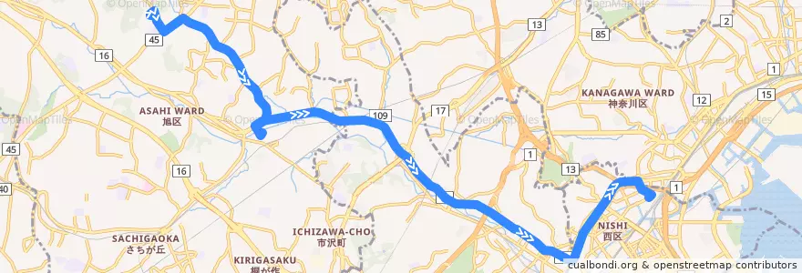 Mapa del recorrido 旭10: よこはま動物園 → 鶴ヶ峰駅 → 横浜駅西口 de la línea  en 横滨市.
