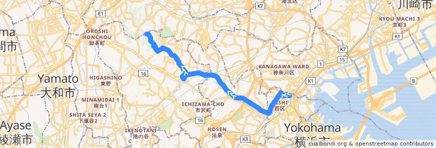 Mapa del recorrido 旭10: 横浜駅西口 → 鶴ヶ峰駅 → よこはま動物園北門 de la línea  en 요코하마시.