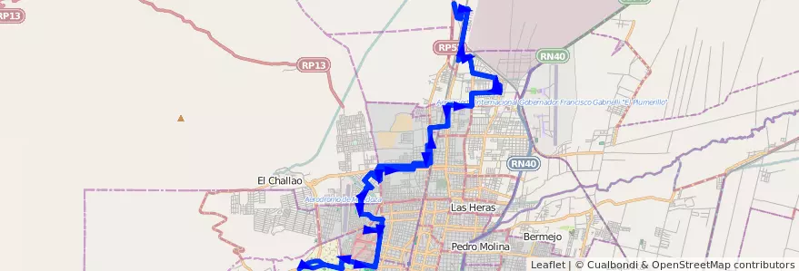 Mapa del recorrido 116 - B° Matheu - B° Yapeyú - U.N.C. de la línea G03 en Mendoza.