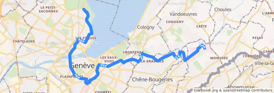 Mapa del recorrido Bus 1: Hôpital Trois-Chêne → Jardin Botanique de la línea  en Ginevra.