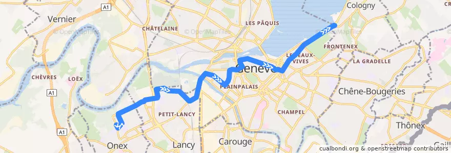 Mapa del recorrido Trolleybus 2: Onex-Cité → Genève-Plage de la línea  en Ginebra.