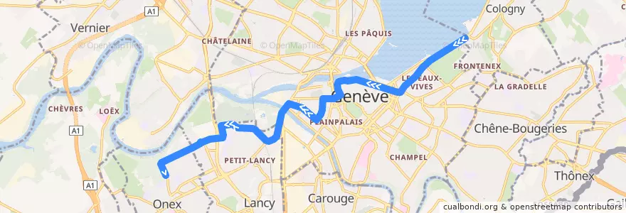 Mapa del recorrido Trolleybus 2: Genève-Plage → Onex-Cité de la línea  en Genève.