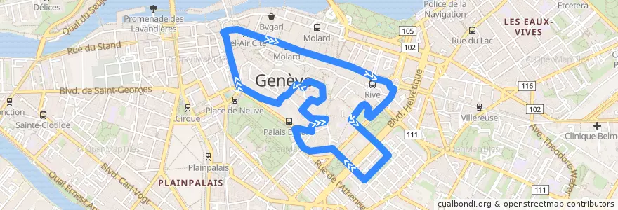 Mapa del recorrido Bus 36: Place de Neuve → Vieille-Ville → Place de Neuve de la línea  en Geneva.