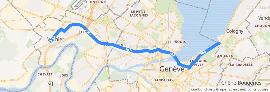 Mapa del recorrido Trolleybus 6: Vernier-Village → Genève-Plage de la línea  en جنيف.