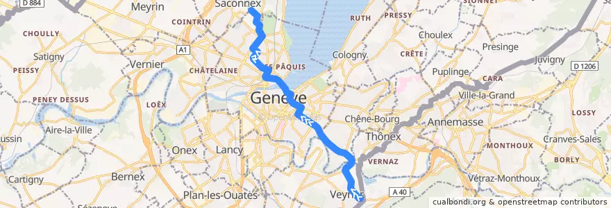 Mapa del recorrido Bus 8: Veyrier-Douane → OMS de la línea  en Ginevra.