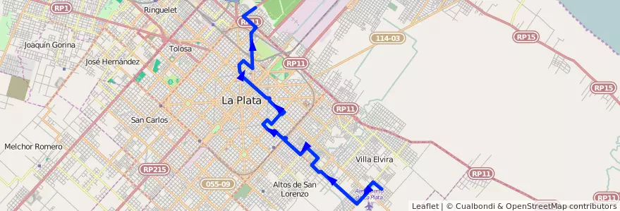Mapa del recorrido 12 de la línea Este en Partido de La Plata.