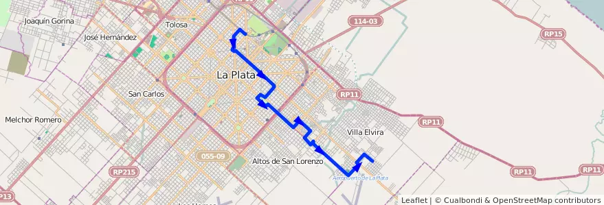 Mapa del recorrido 12 de la línea Este en Partido de La Plata.