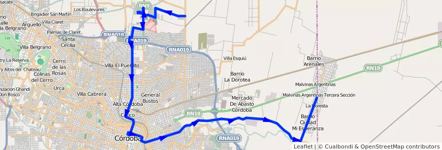 Mapa del recorrido 12 de la línea R (Rojo) en Municipio de Córdoba.