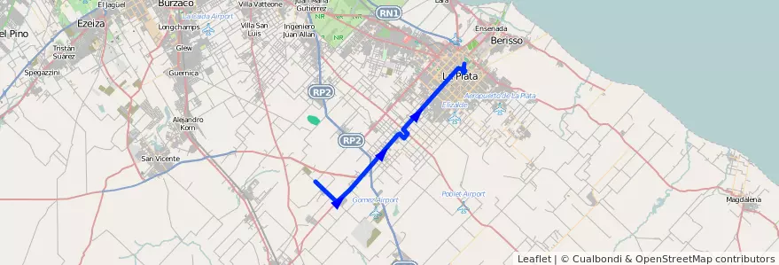 Mapa del recorrido 12 de la línea Oeste en Partido de La Plata.