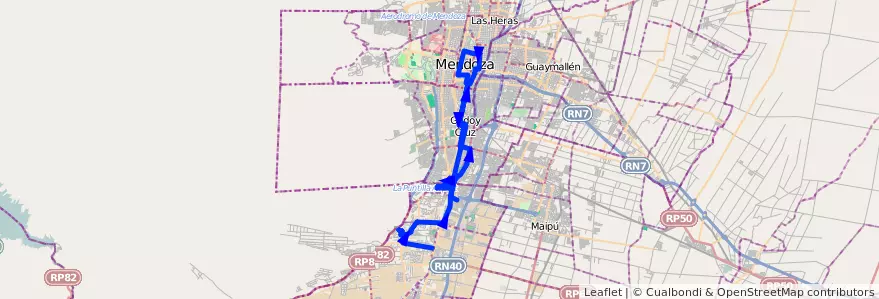 Mapa del recorrido 12 - Flor de Cuyo - Cervantes - Bº los Castaños de la línea G01 en メンドーサ州.
