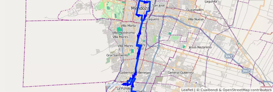Mapa del recorrido 12 - Flor de Cuyo de la línea G01 en Mendoza.