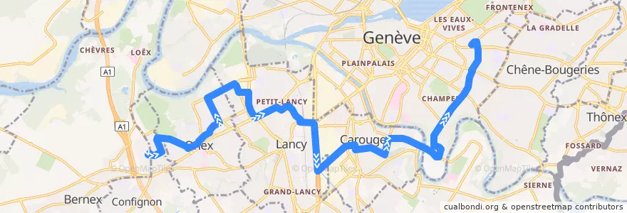 Mapa del recorrido Bus 21: Cressy → Gare des Eaux-Vives de la línea  en Cenevre.