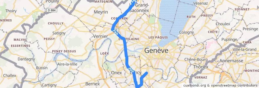 Mapa del recorrido Bus 23 (TOSA): Aéroport-P47 → Carouge-Tours de la línea  en Cenevre.