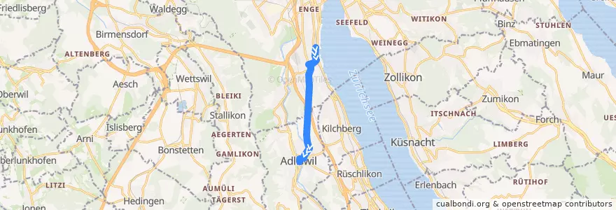 Mapa del recorrido Bus 184: Zürich, Bahnhof Wollishofen → Adliswil, Bahnhof de la línea  en チューリッヒ.
