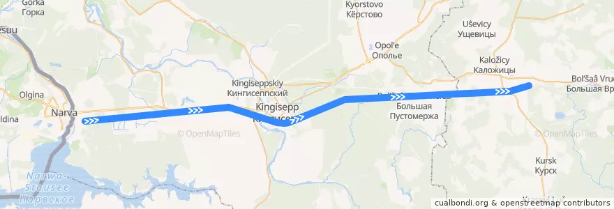 Mapa del recorrido Ивангород - Гатчина de la línea  en Кингисеппский район.