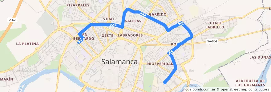 Mapa del recorrido 7. Campus Universitario → Prosperidad de la línea  en Salamanque.