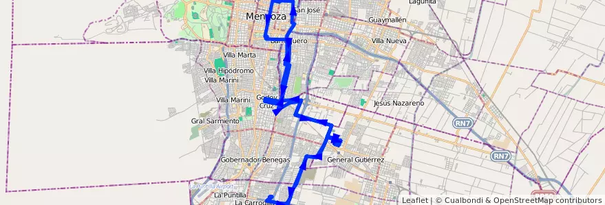 Mapa del recorrido 121 - Bº La Gloria- 9 de Julio- Alsina- Club IMPSA de la línea G07 en Mendoza.
